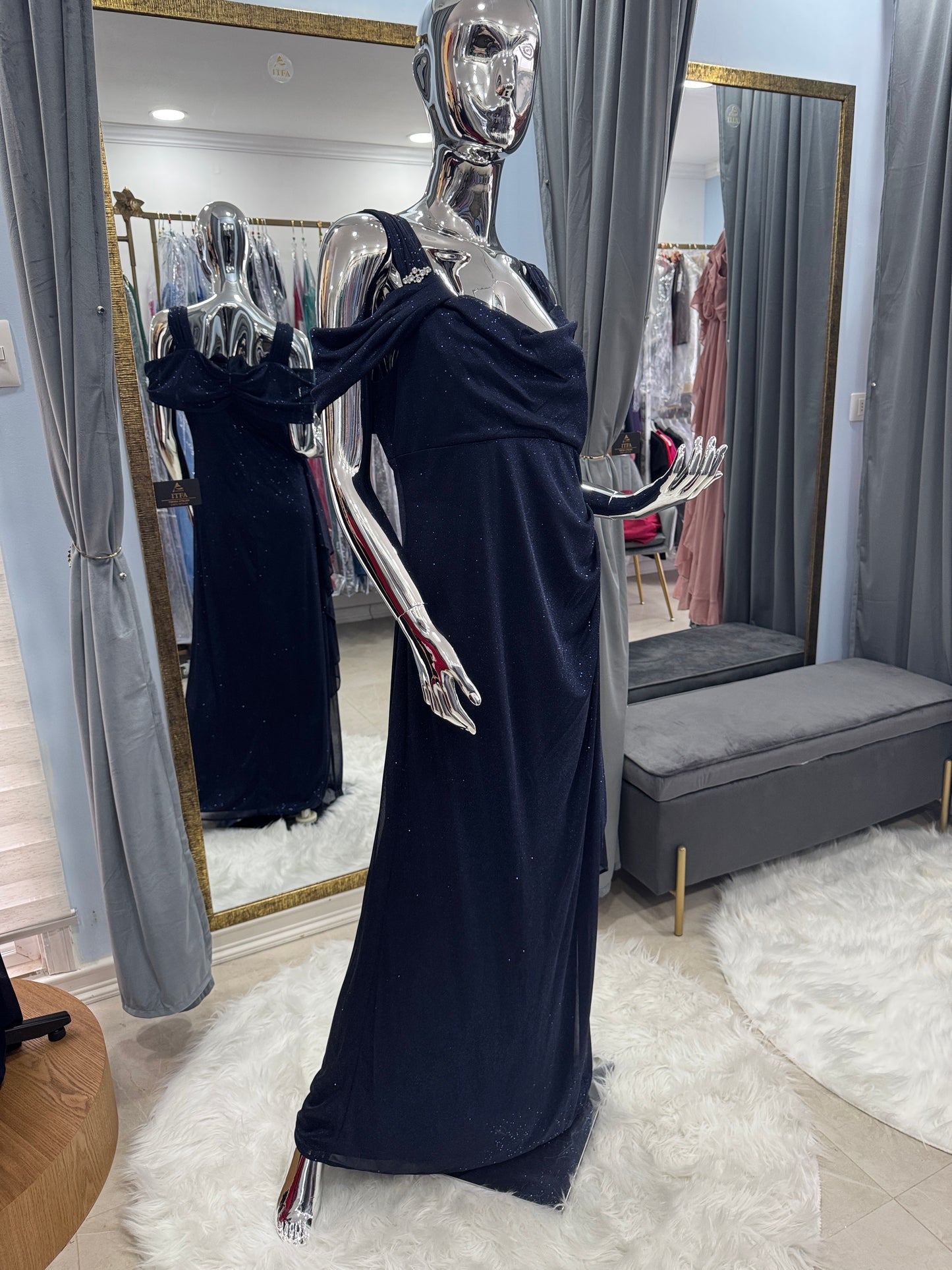 Vestido de Fiesta Largo Azul Noche con Destellos – Talla XL USA (L–XL Chile) | ITFA