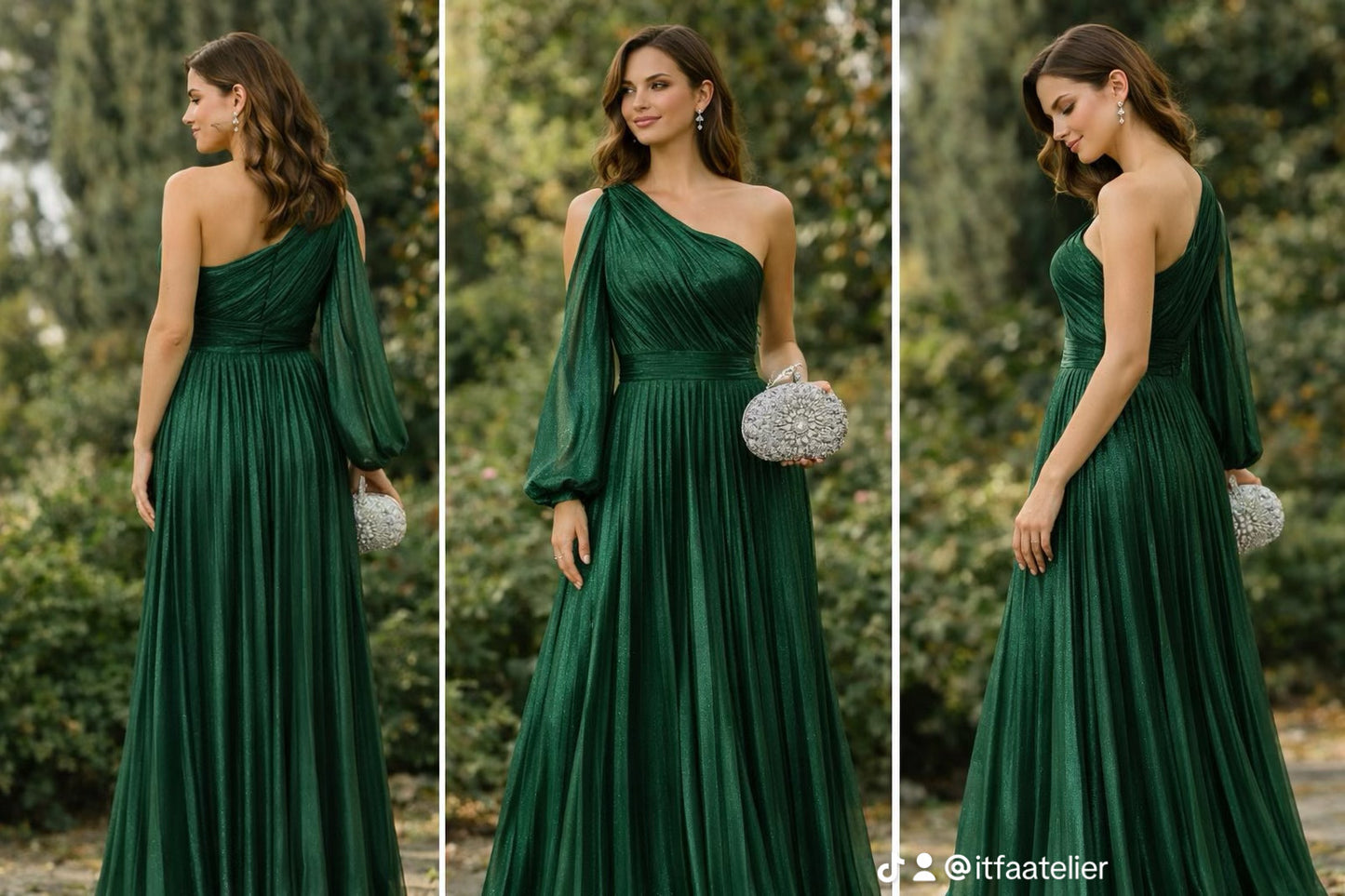 Vestido Largo Verde Esmeralda de Gala – Asimétrico, con Manga Abullonada.