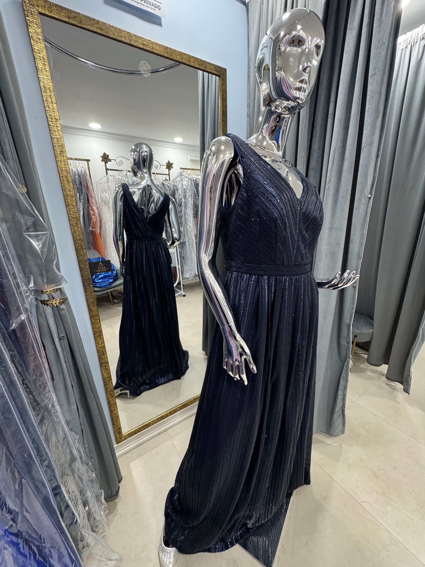 Starlight – Vestido de Fiesta Largo Azul Marino con Lentejuelas y Bolsillos – Talla 8 US