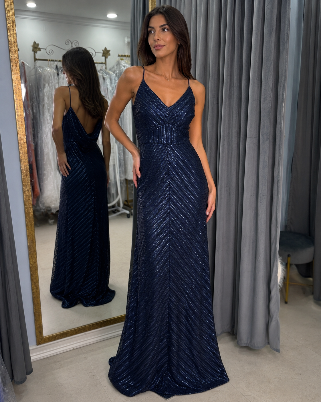 Vestido de Fiesta Largo Azul con Lentejuelas y Espalda Drapeada – Talla 10 🇺🇸