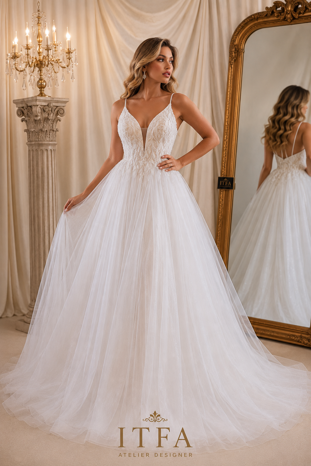 Vestido de Novia Off White Tul Brillante con Pedrería y Escote en V – Talla XL | ITFA Atelier