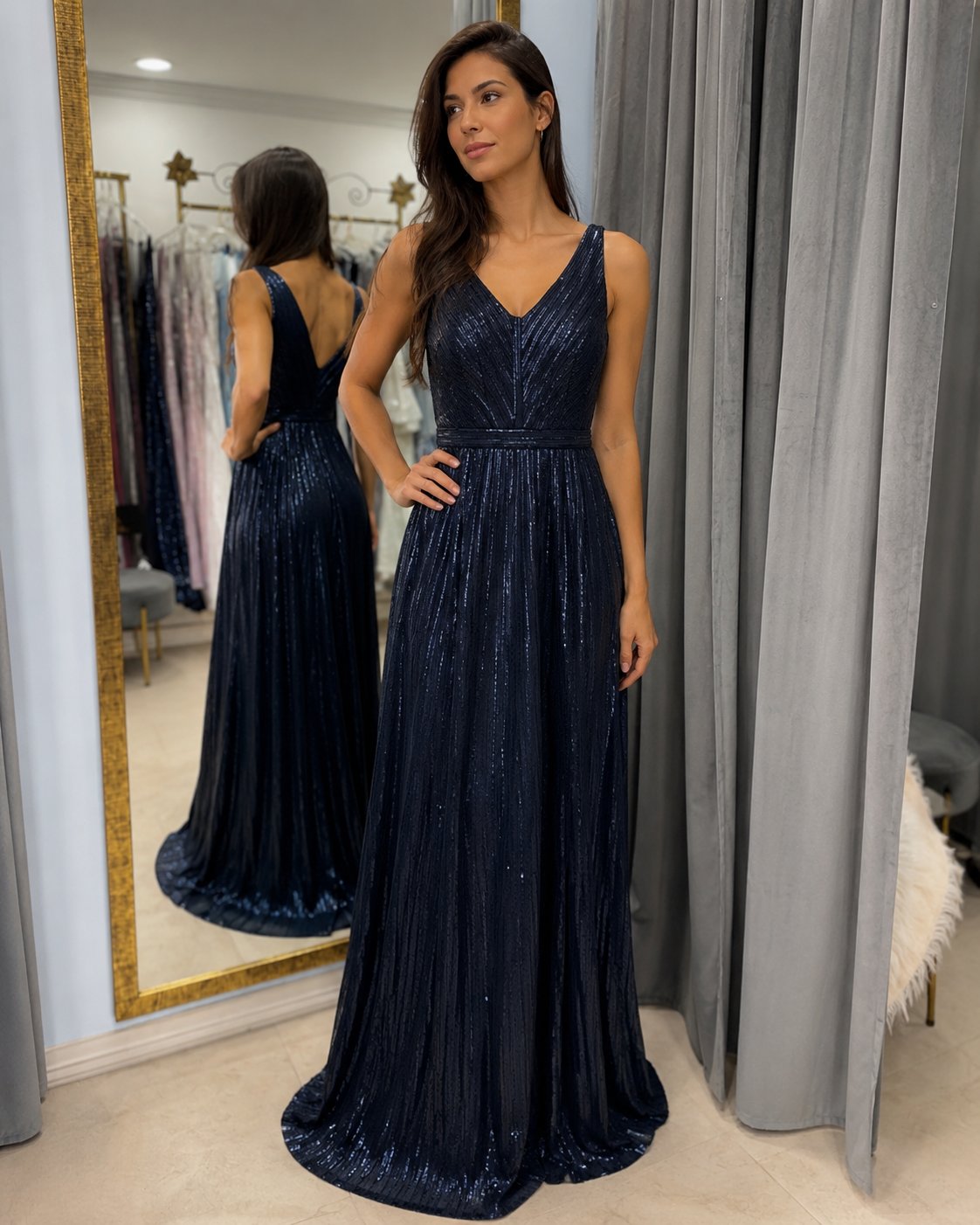Starlight – Vestido de Fiesta Largo Azul Marino con Lentejuelas y Bolsillos – Talla 8 US