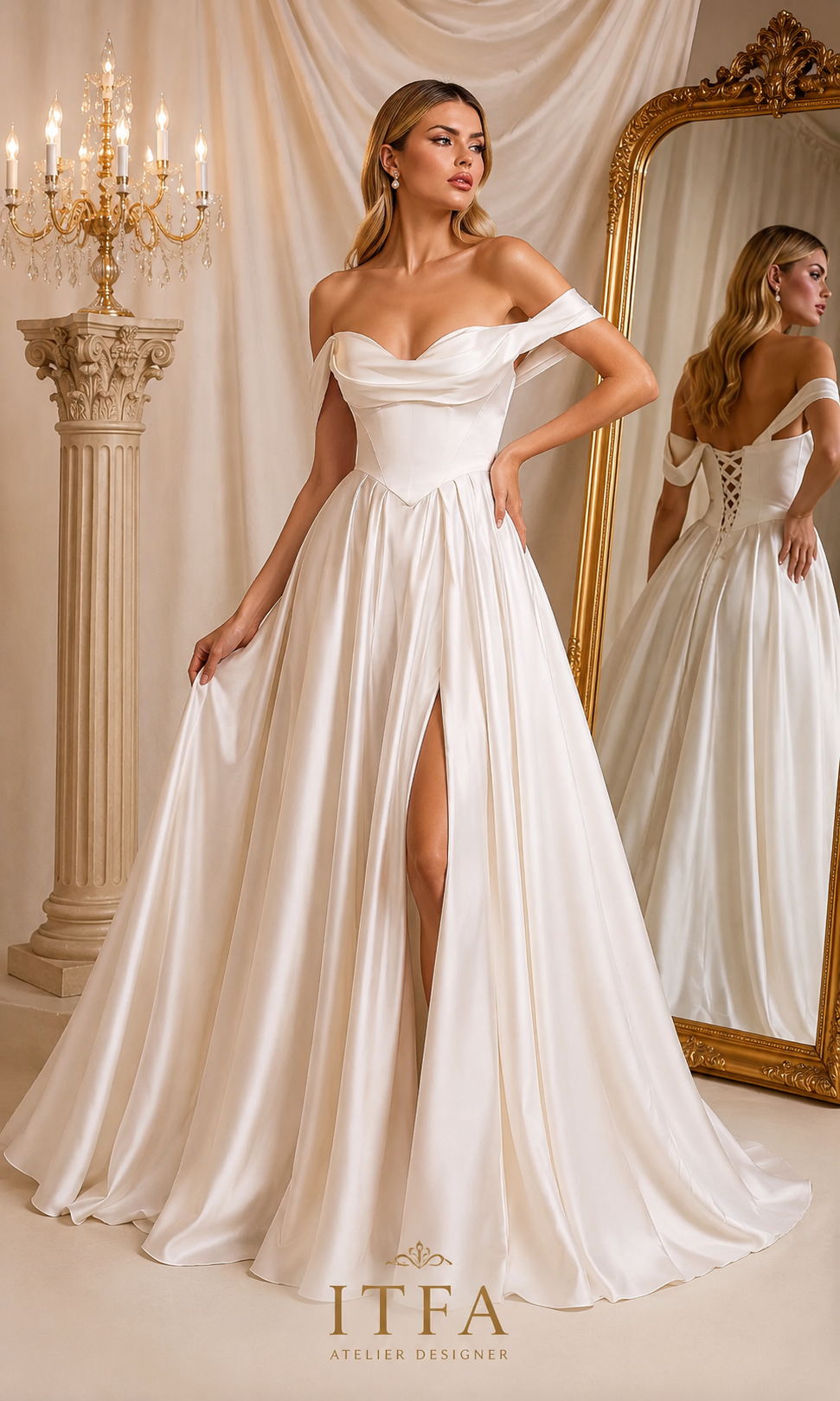 Vestido de Novia Satinado Corte A con Escote Bardot y Espalda Ajustable | ITFA Atelier