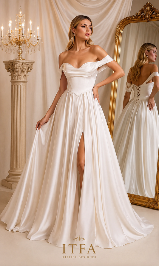 Vestido de Novia Satinado Corte A con Escote Bardot y Espalda Ajustable | ITFA Atelier