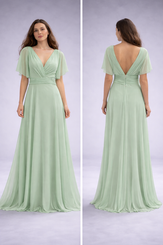 Vestido de gasa verde con Caída Fluida – Talla 8 (M).