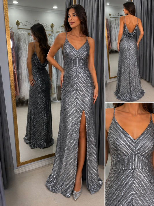Vestido de Fiesta Largo Plata con Lentejuelas y Espalda Drapeada – Talla 12 US 🇺🇸 | ITFA Atelier