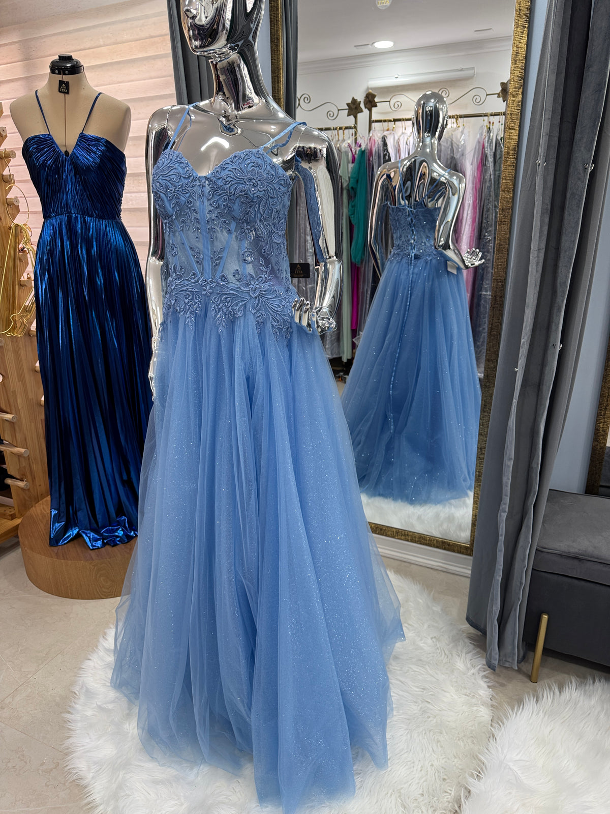 Vestido corset celeste gasa bordado pedrería Talla 10/M