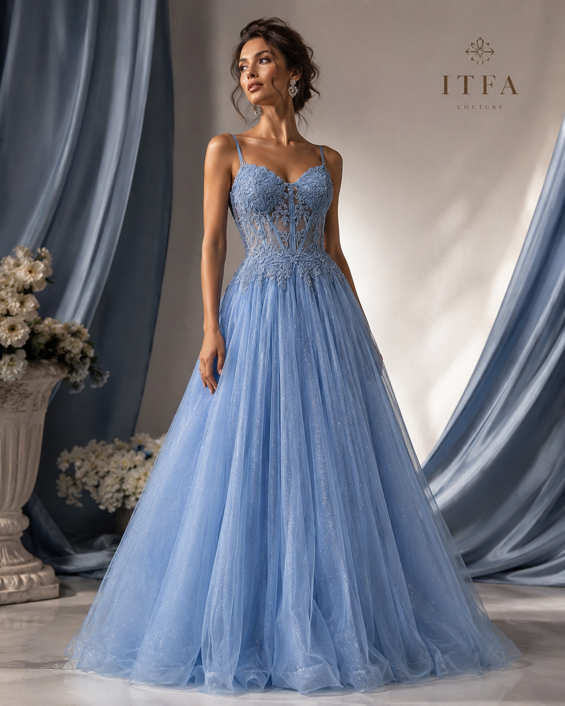 Vestido corset celeste gasa bordado pedrería Talla 10/M