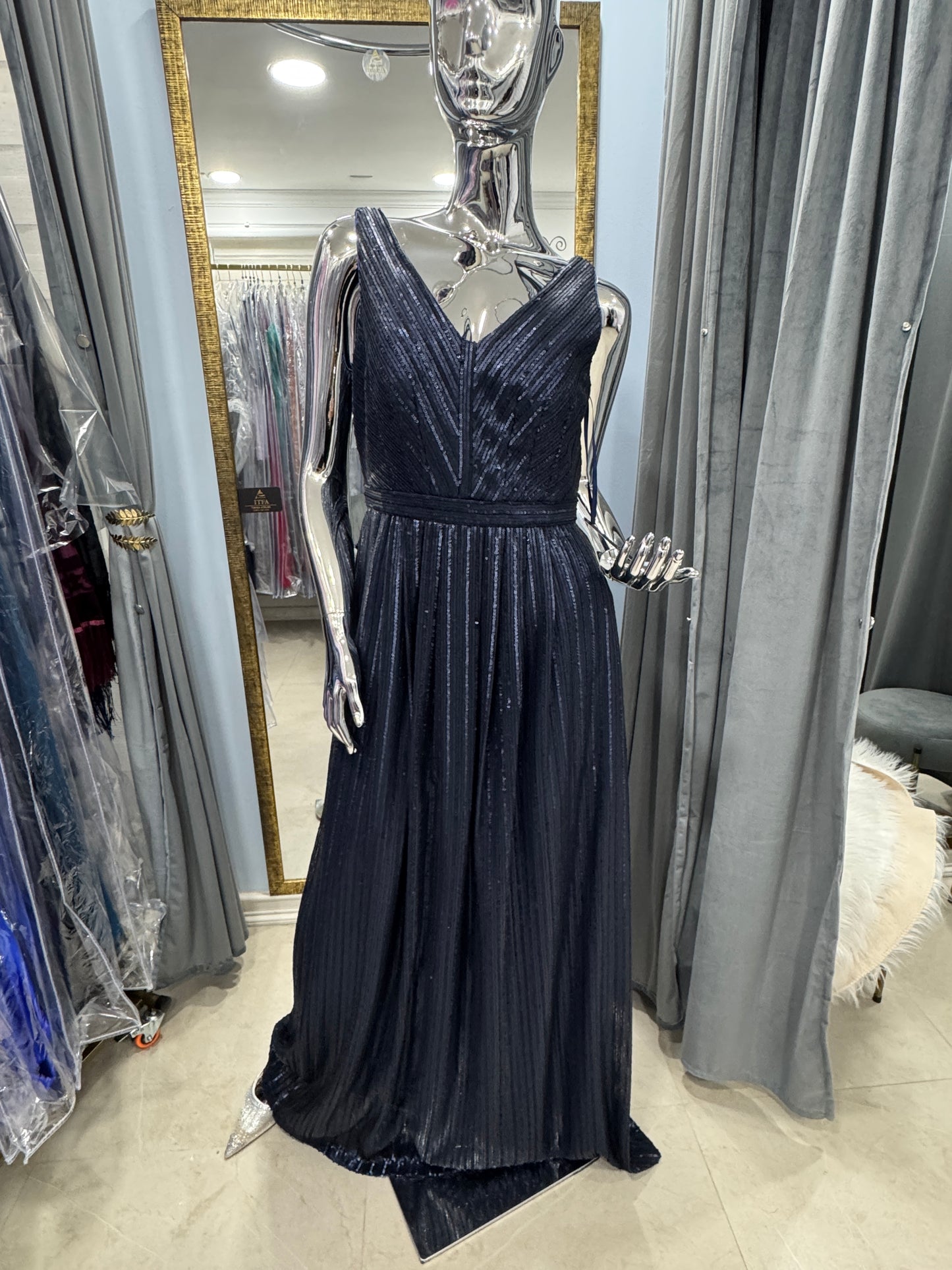 Starlight – Vestido de Fiesta Largo Azul Marino con Lentejuelas y Bolsillos – Talla 8 US