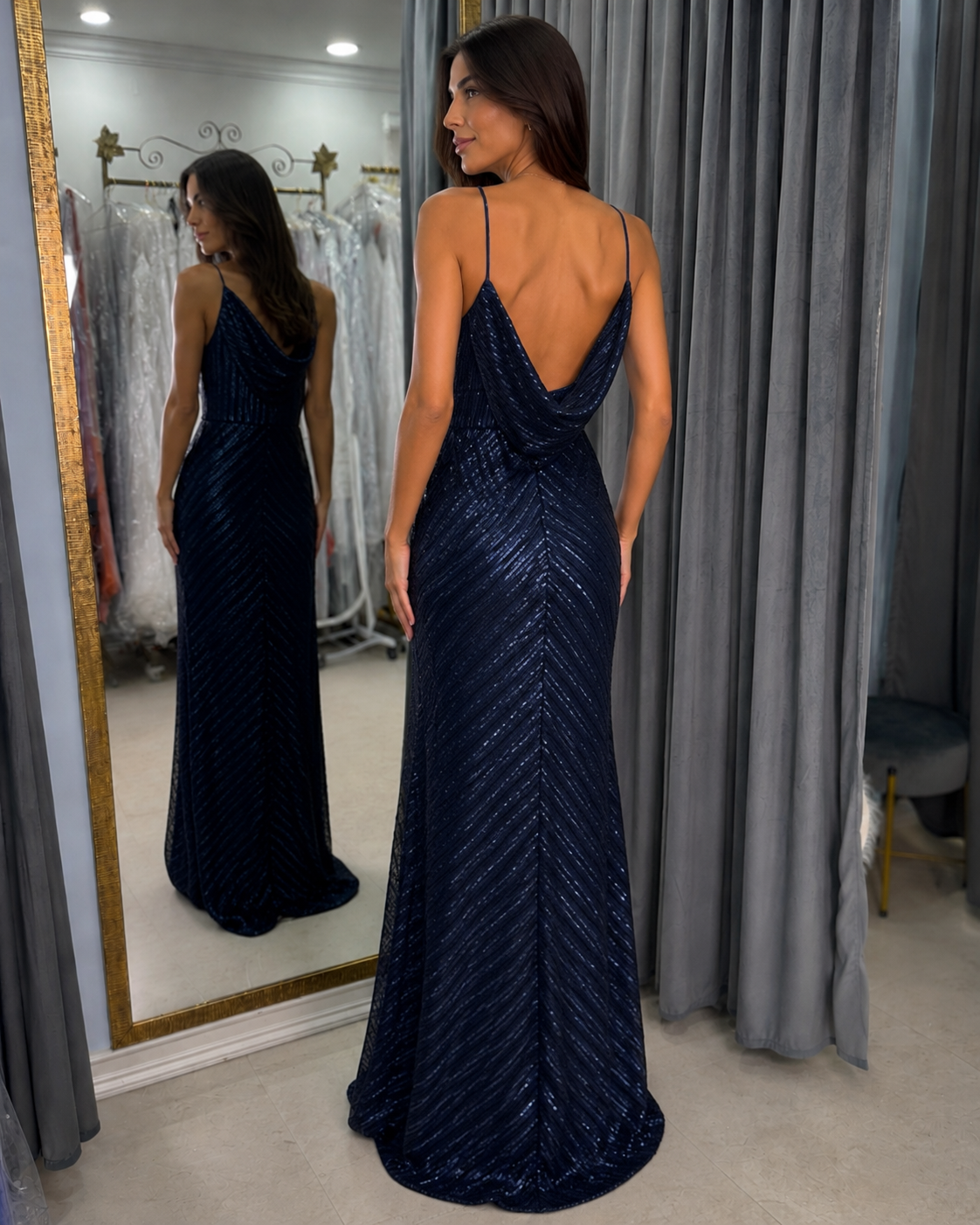 Vestido de Fiesta Largo Azul con Lentejuelas y Espalda Drapeada – Talla 10 🇺🇸