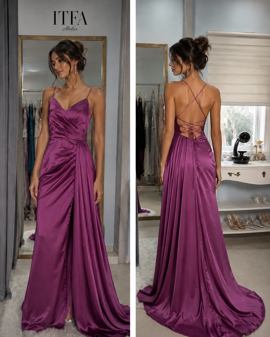Vestido largo fucsia, talla S.