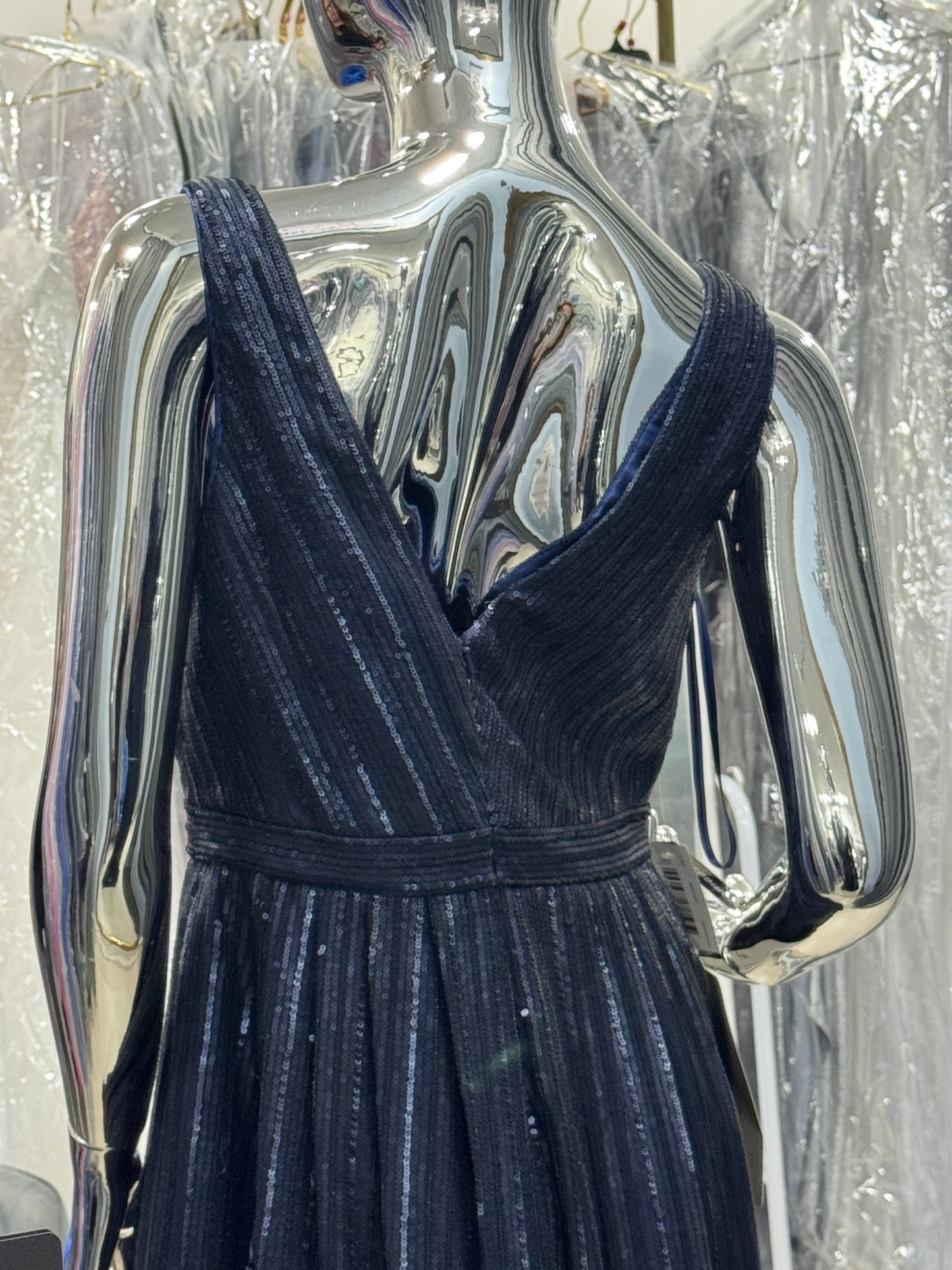 Starlight – Vestido de Fiesta Largo Azul Marino con Lentejuelas y Bolsillos – Talla 8 US