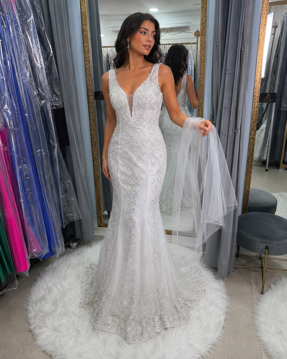 Vestido de novia ivory corte sirena con pedrería y cristales tornasol XS