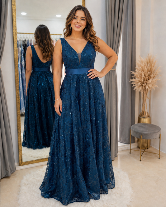 Vestido de fiesta azul petróleo bordado con lentejuelas XL–2XL