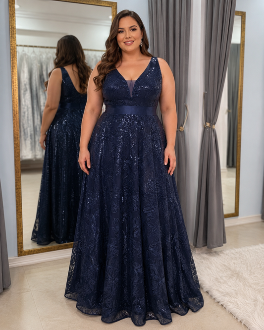 Vestido de Fiesta Azul Marino Bordado con Lentejuelas | Talla XXL/3XL