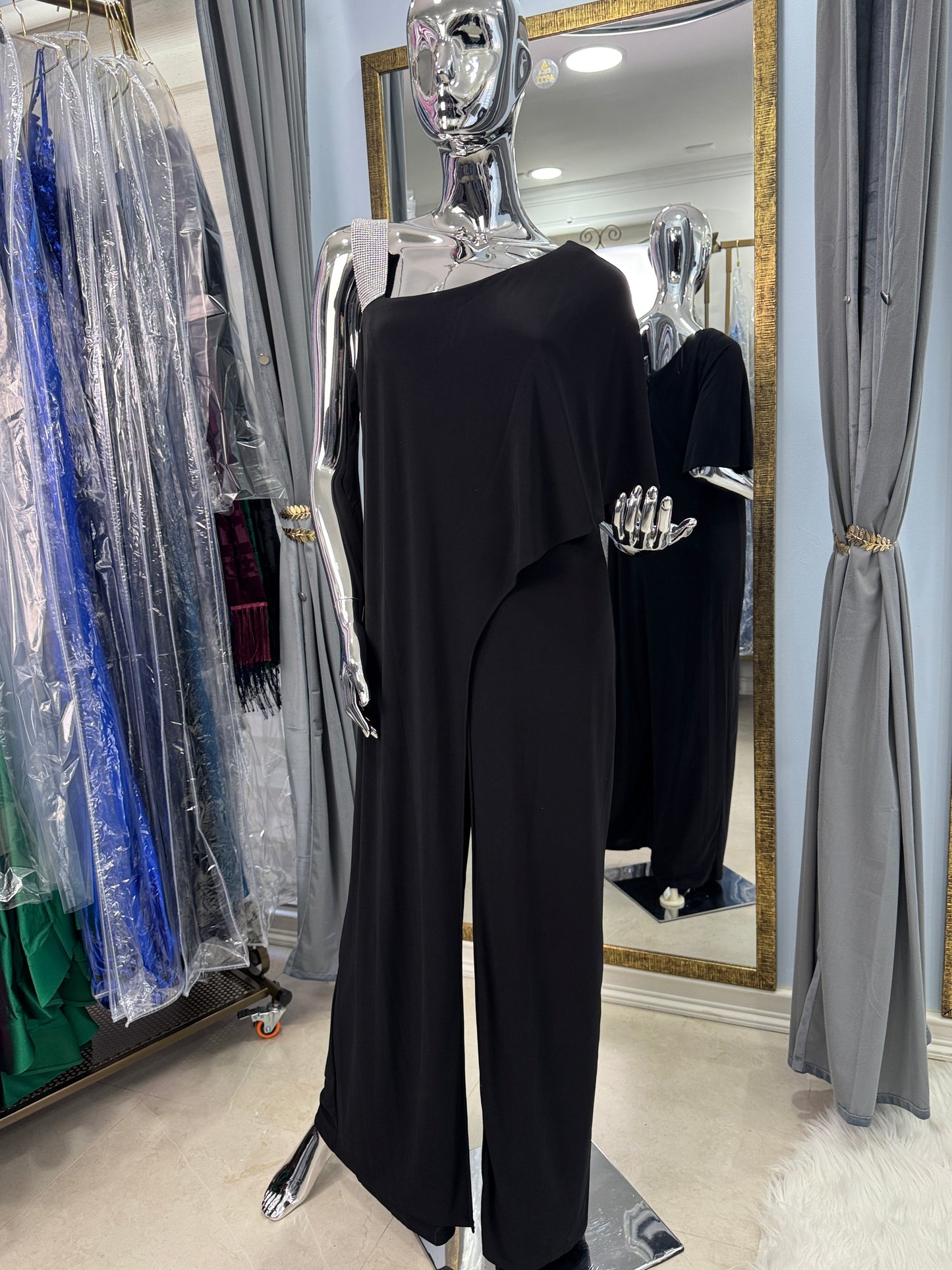 Enterito Negro de Fiesta con Tirante de Cristales | Talla 14 🇺🇸 (XL/2XL)