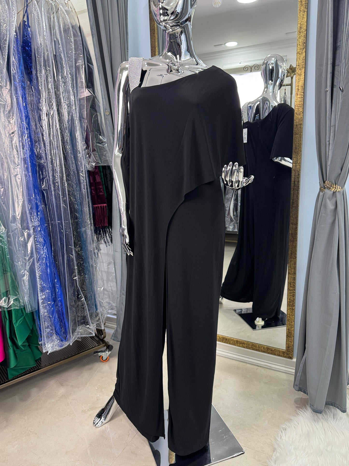 Enterito Negro de Fiesta con Tirante de Cristales | Talla 14 🇺🇸 (XL/2XL)