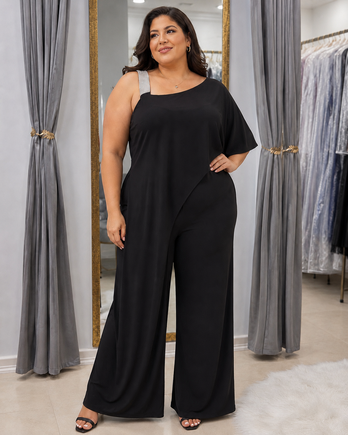 Enterito Negro de Fiesta con Tirante de Cristales | Talla 14 🇺🇸 (XL/2XL)