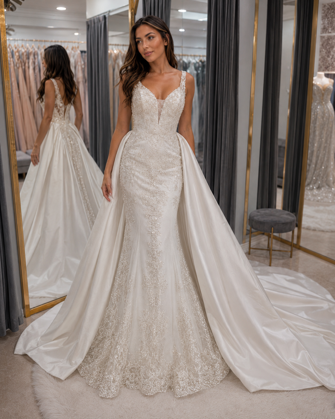 Vestido de novia ivory corte sirena con pedrería y cristales tornasol XS