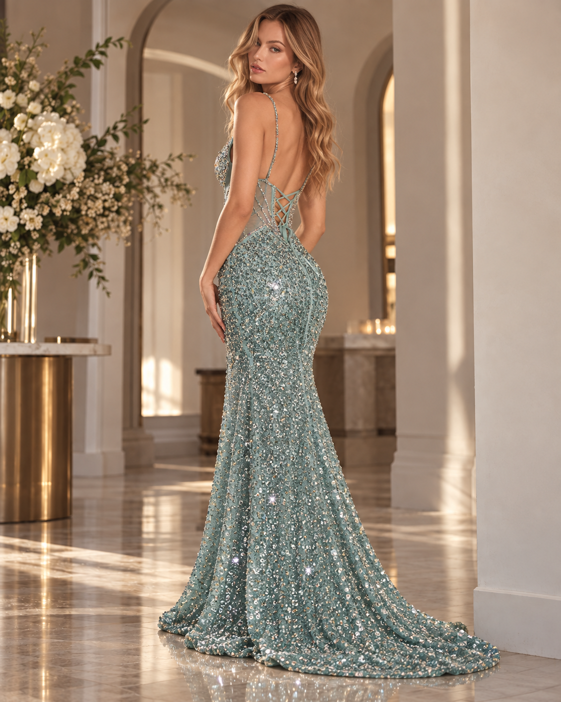 Vestido Sirena Aguamarina con Cristales y Transparencias – Talla 2