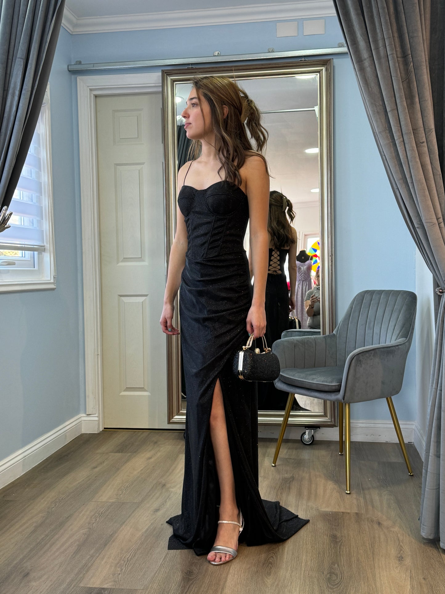 Vestido corset de fiesta largo, modelo Diamante Negro.