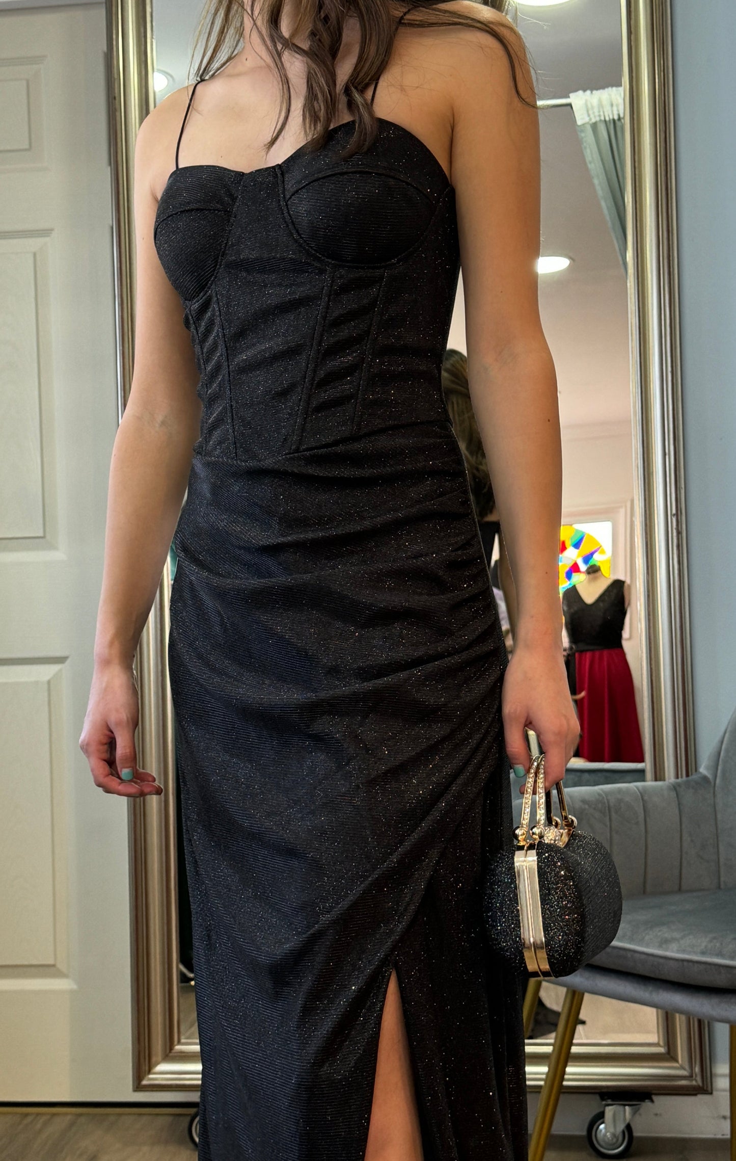 Vestido corset de fiesta largo, modelo Diamante Negro.