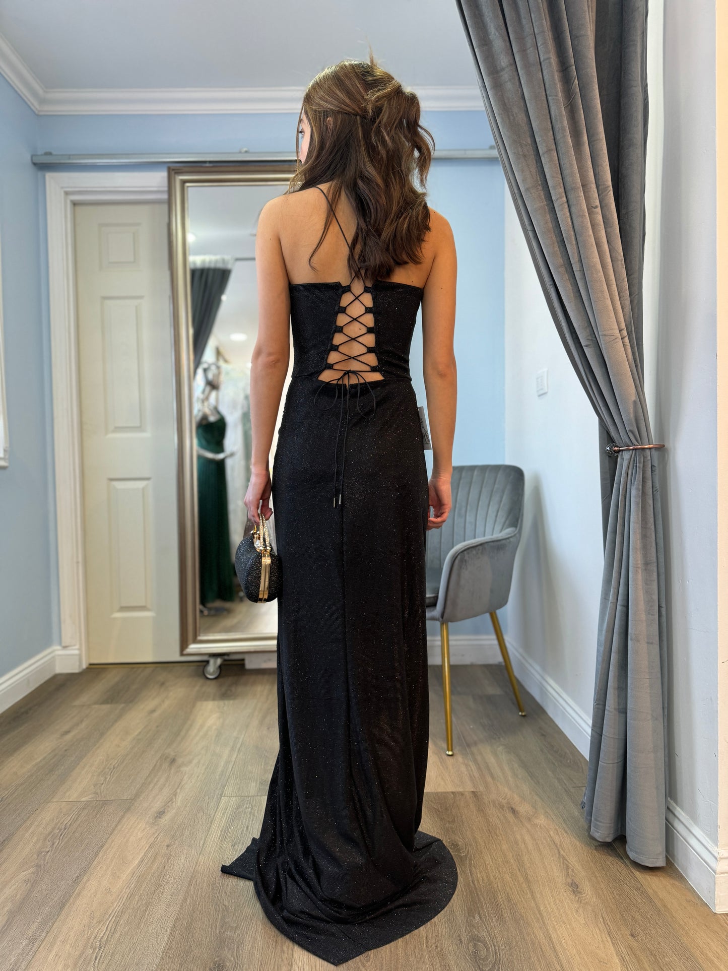 Vestido corset de fiesta largo, modelo Diamante Negro.