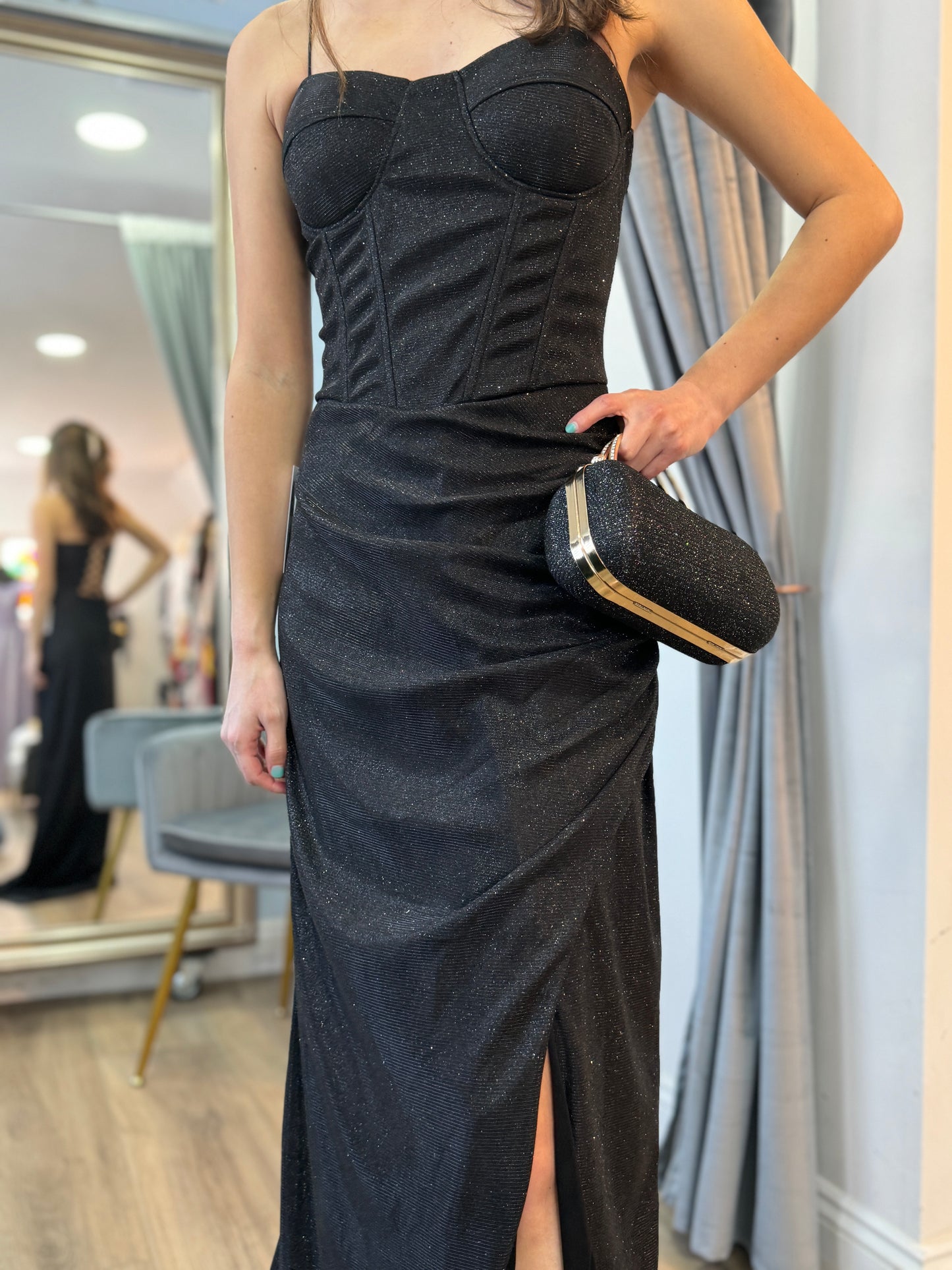 Vestido corset de fiesta largo, modelo Diamante Negro.