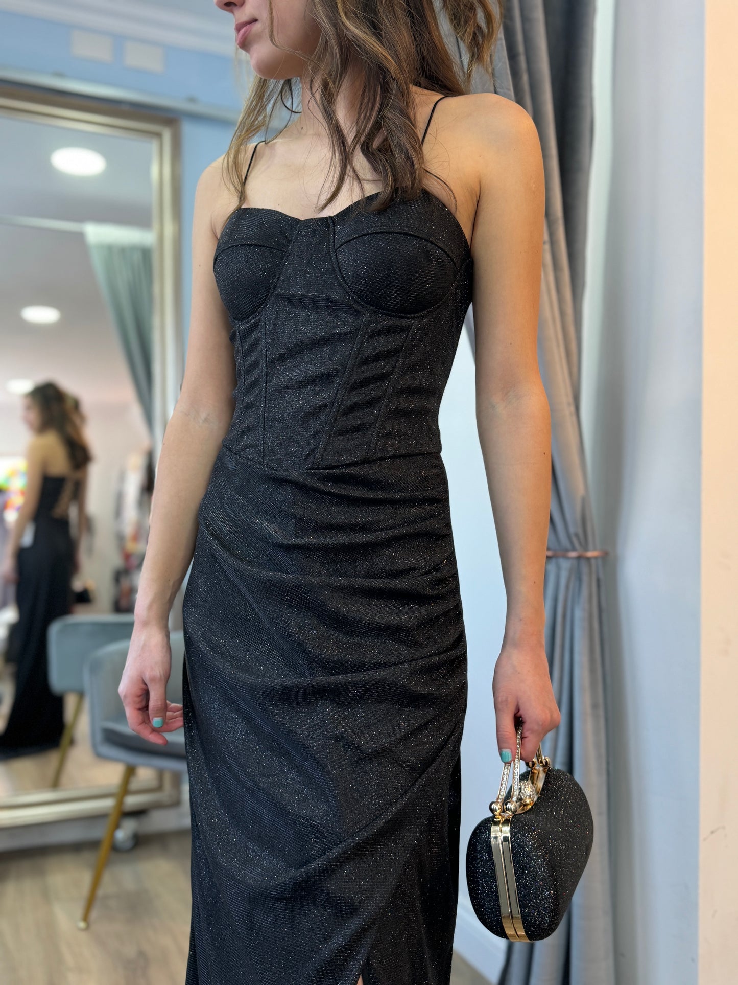 Vestido corset de fiesta largo, modelo Diamante Negro.