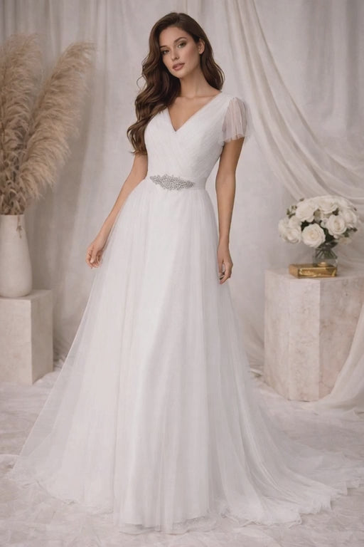 Vestido Ivory Largo de Tul con Aplicación y Escote Cruzado | Talla XL