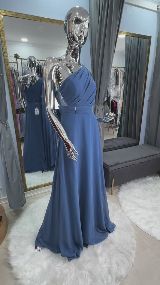 Vestido Azul Acero Asimétrico de Gasa con Transparencias Laterales – Talla S/M
