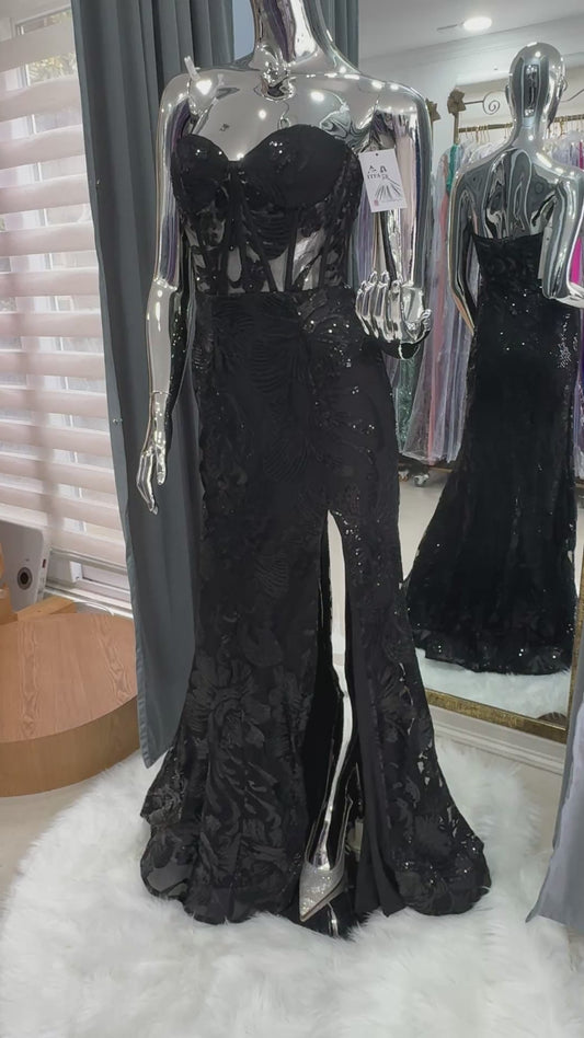 Vestido Sirena Negro con Corset Transparente y Lentejuelas