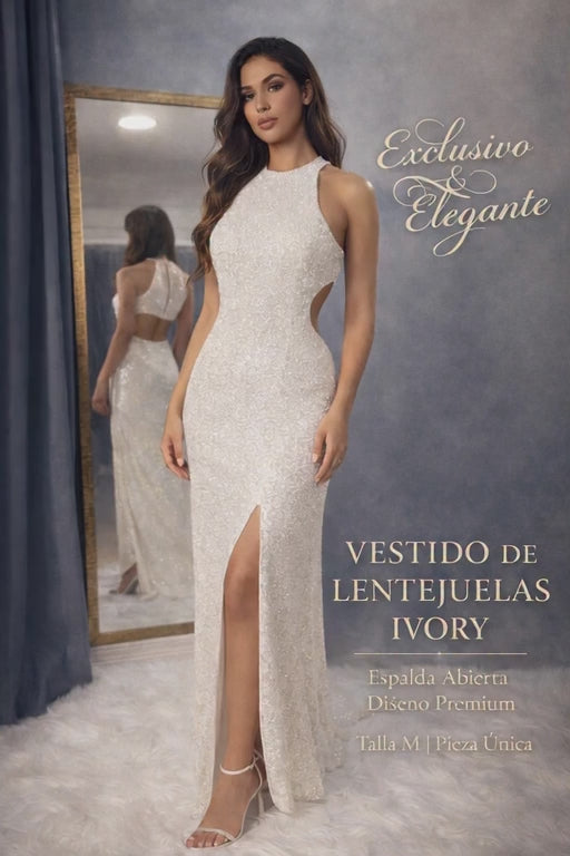 Vestido Ajustado Ivory con Lentejuelas y Espalda Abierta